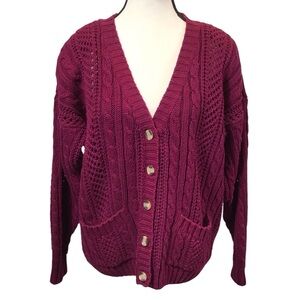 Vintage Cabin Creek Womens Cable Knit Fishermans Sweater Size L Button Up Pocket